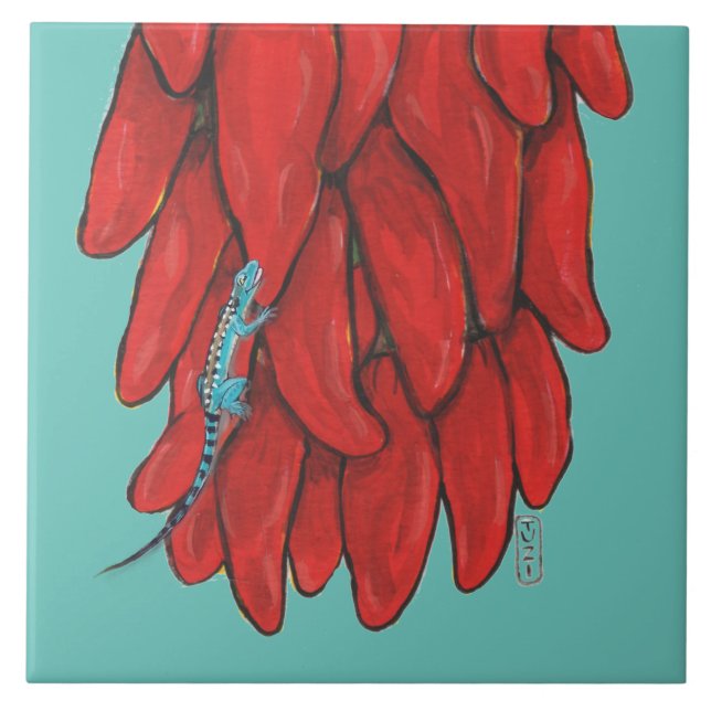 Southwest Blue Lizard Red Chile Pepper Mural Tile (Front)