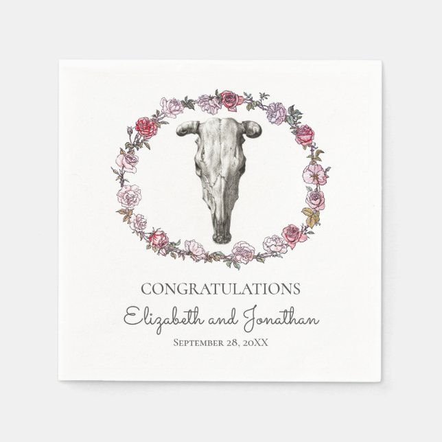 Southwest Boho Wedding Cow Skull & Roses Flowers Napkin (Front)
