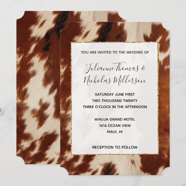 Southwest Brown Cream Animal Cowhide Wedding Invitation (Front/Back)