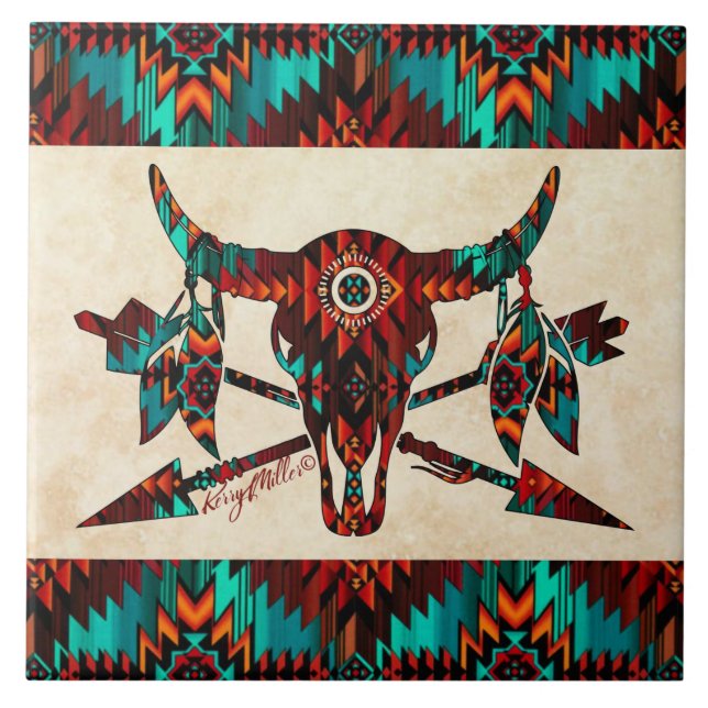 Southwest Buffalo Skull And Arrows Ceramic Tile (Front)