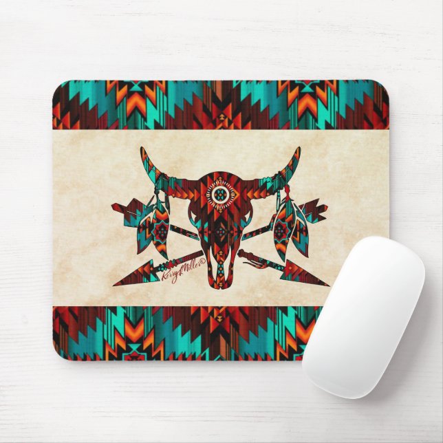 Southwest Buffalo Skull And Arrows Mouse Mat (With Mouse)