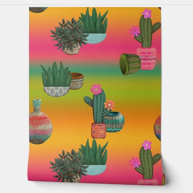 Southwest Cactus Flower Pots Ombre Beauty Wallpaper (Unrolling)
