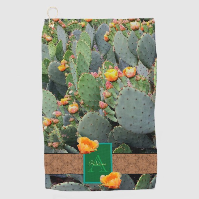 Southwest Cactus Monogram Design / Orange Flowers Golf Towel (Front)