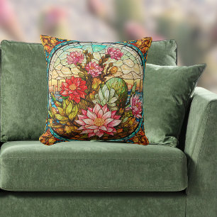 Southwest Cactus n Pink Flowers Faux Stained Glass Cushion