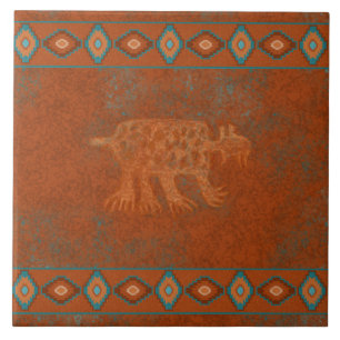 Southwest Canyons Bobcat Petroglyph Bordered  Tile
