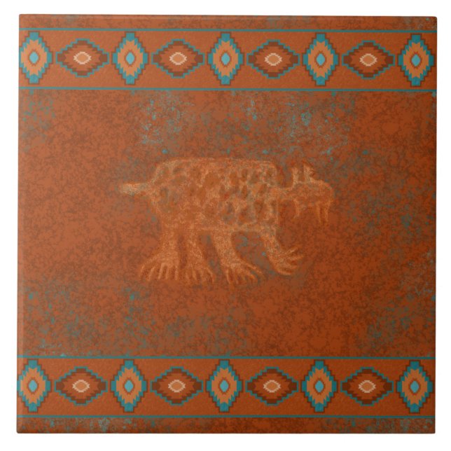 Southwest Canyons Bobcat Petroglyph Bordered  Tile (Front)