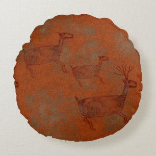 Southwest Canyons Copper Coloured Deer Petroglyphs Round Cushion