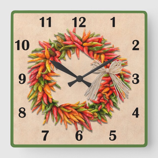 Southwest Chile Ristra Wreath Basic Style Numbers Square Wall Clock (Front)