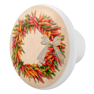 Southwest Chile Ristra Wreath on Adobe Wall Ceramic Knob
