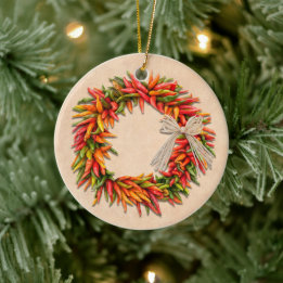 Southwest Chile Ristra Wreath on Adobe Wall Ceramic Tree Decoration