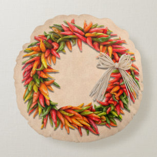 Southwest Chile Ristra Wreath on Adobe Wall Round Cushion