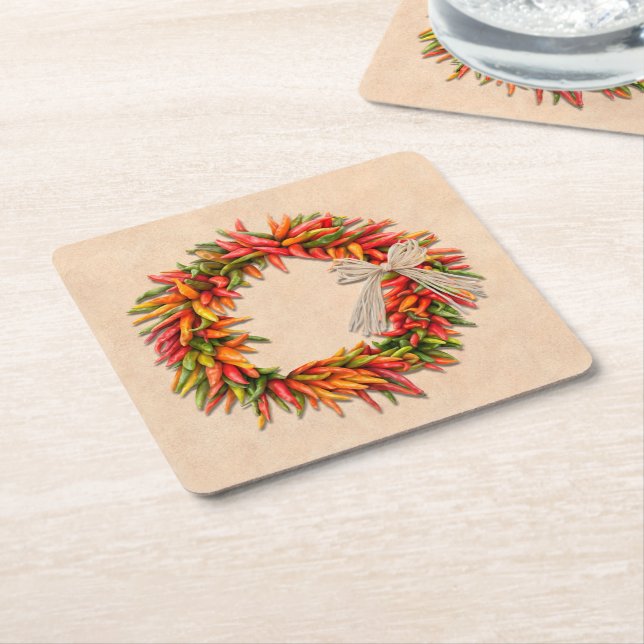 Southwest Chile Ristra Wreath on Adobe Wall Square Paper Coaster (Angled)