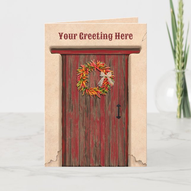 Southwest Chile Ristra Wreath on Rustic Red Door Card (Front)