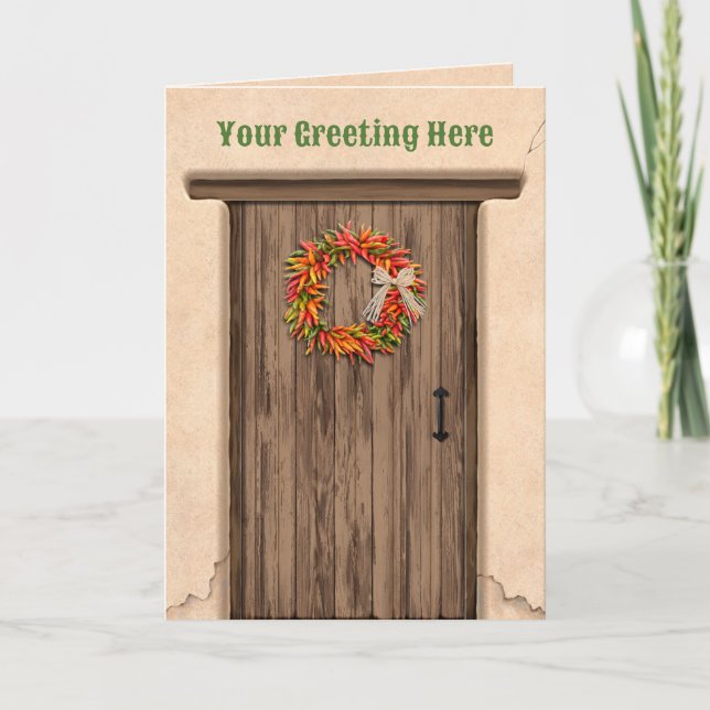 Southwest Chile Ristra Wreath on Rustic Wood Door Card (Front)