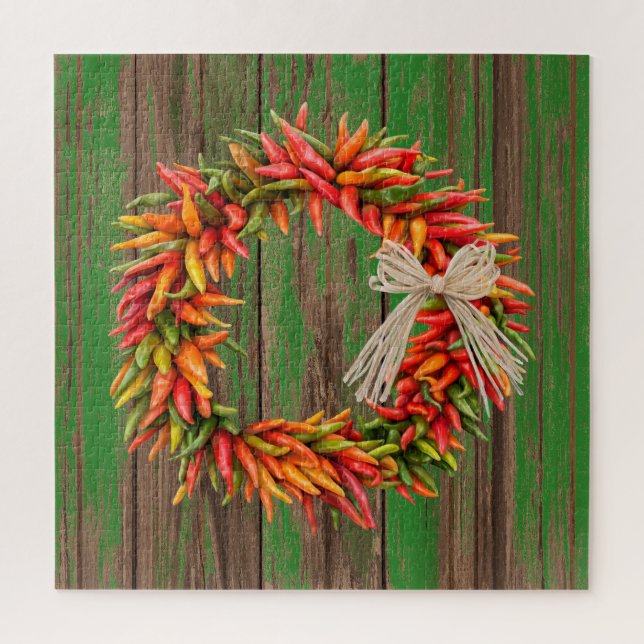 Southwest Chile Ristra Wreath Weathered Green Wood Jigsaw Puzzle (Vertical)