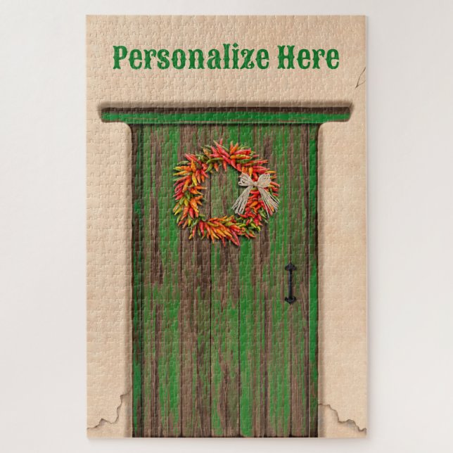Southwest Chile Ristra Wreath Weathered Wood Door Jigsaw Puzzle (Vertical)