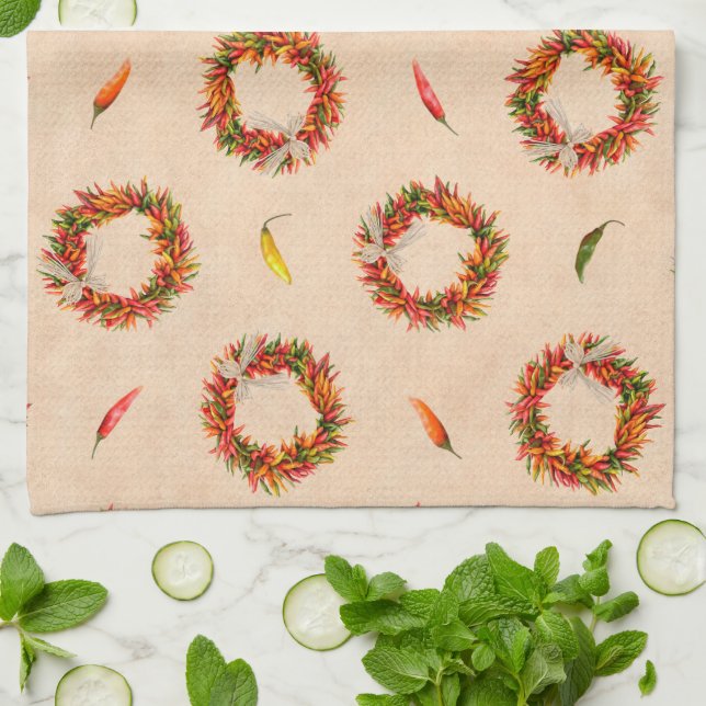 Southwest Chile Ristra Wreaths All Over Pattern Tea Towel (Folded)