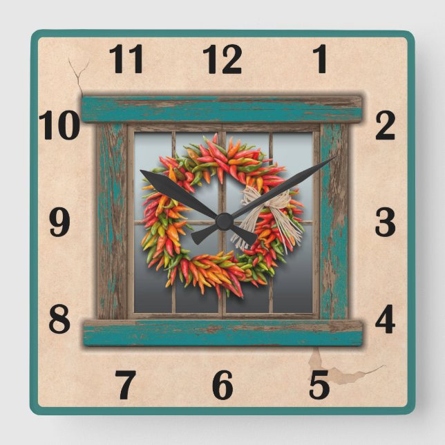 Southwest Chile Wreath Blue Window Basic Numbers  Square Wall Clock (Front)