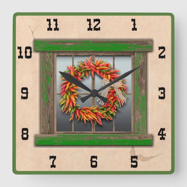 Southwest Chile Wreath Green Window Western Number Square Wall Clock (Front)