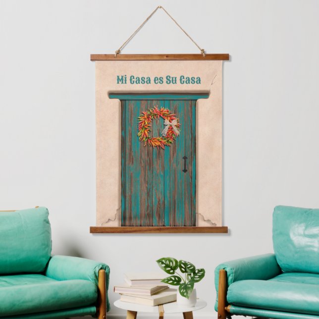 Southwest Chile Wreath on Rustic Blue Wood Door  Hanging Tapestry (Living Room)