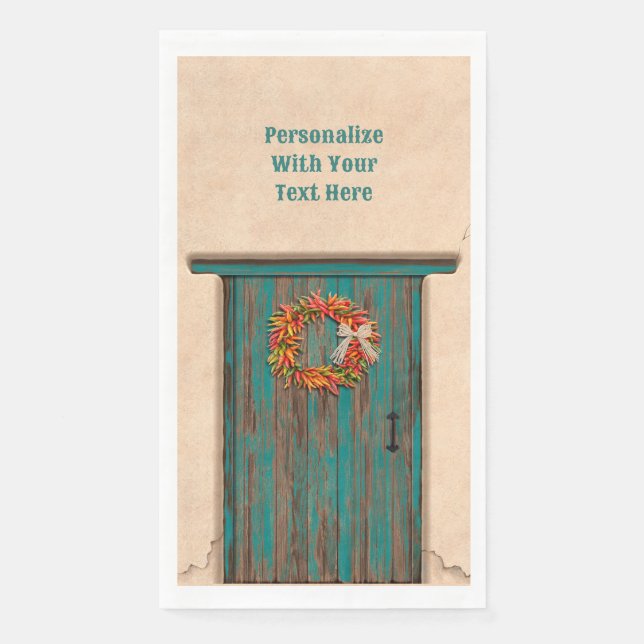 Southwest Chile Wreath on Rustic Blue Wood Door  Napkin (Front)
