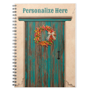 Southwest Chile Wreath on Rustic Blue Wood Door Notebook
