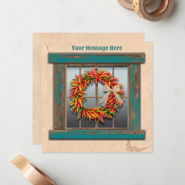 Southwest Chile Wreath on Rustic Blue Wood Window Card (Front/Back In Situ)