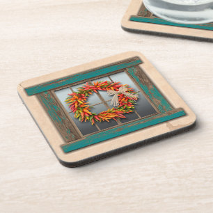 Southwest Chile Wreath on Rustic Blue Wood Window Coaster
