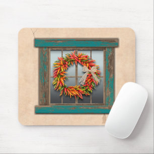 Southwest Chile Wreath on Rustic Blue Wood Window Mouse Mat
