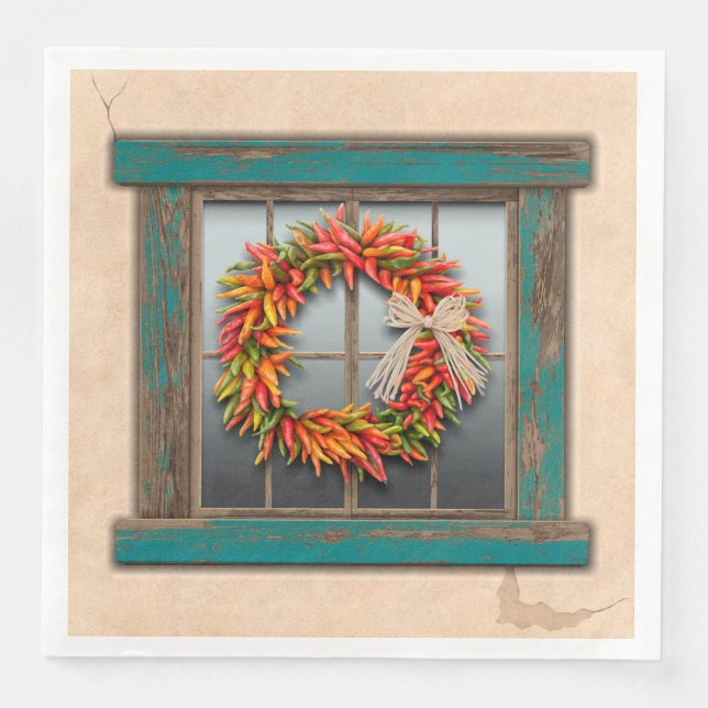 Southwest Chile Wreath on Rustic Blue Wood Window Napkin (Front)