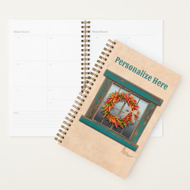 Southwest Chile Wreath on Rustic Blue Wood Window Planner (Display)