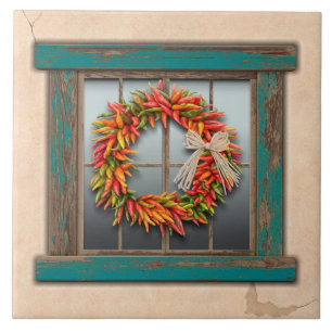 Southwest Chile Wreath on Rustic Blue Wood Window Tile