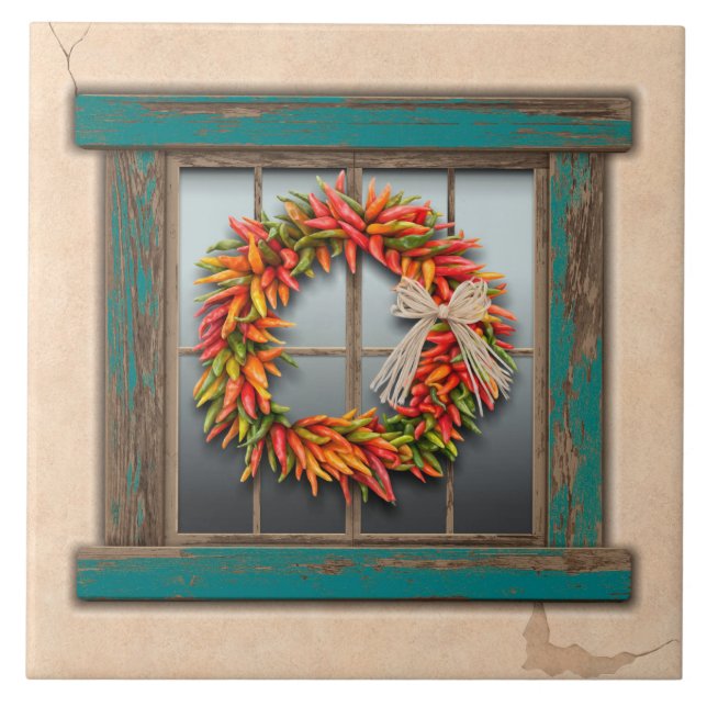 Southwest Chile Wreath on Rustic Blue Wood Window  Tile (Front)