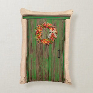 Southwest Chile Wreath on Rustic Green Wood Door Decorative Cushion