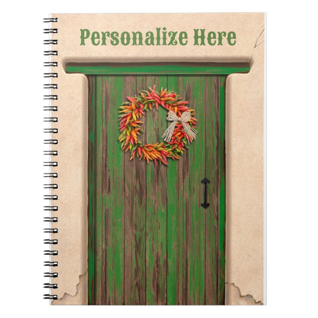 Southwest Chile Wreath on Rustic Green Wood Door Notebook (Front)