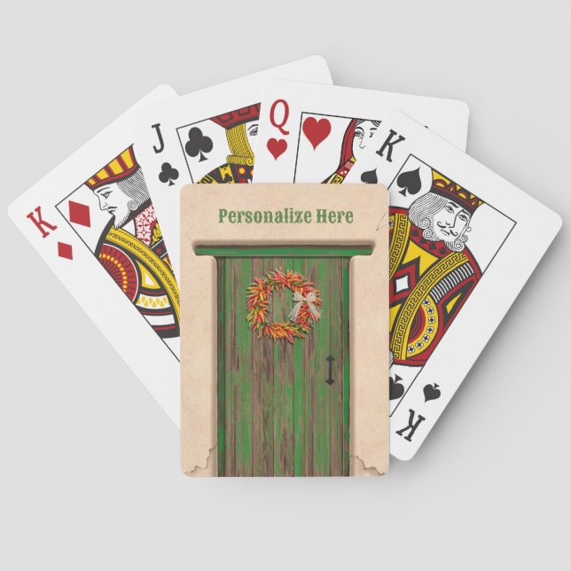 Southwest Chile Wreath on Rustic Green Wood Door Playing Cards (Back)