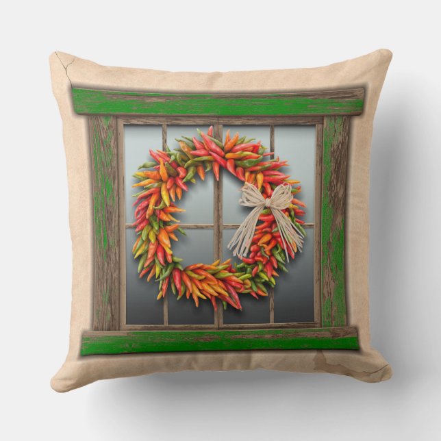 Southwest Chile Wreath on Rustic Green Wood Window Cushion (Back)