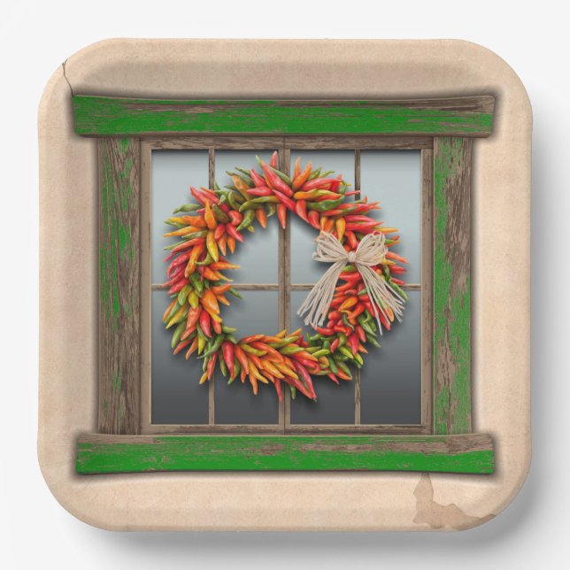 Southwest Chile Wreath on Rustic Green Wood Window Paper Plate (Front)