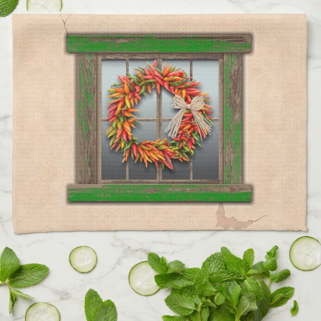 Southwest Chile Wreath on Rustic Green Wood Window Tea Towel (Folded)