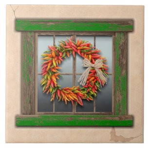 Southwest Chile Wreath on Rustic Green Wood Window Tile