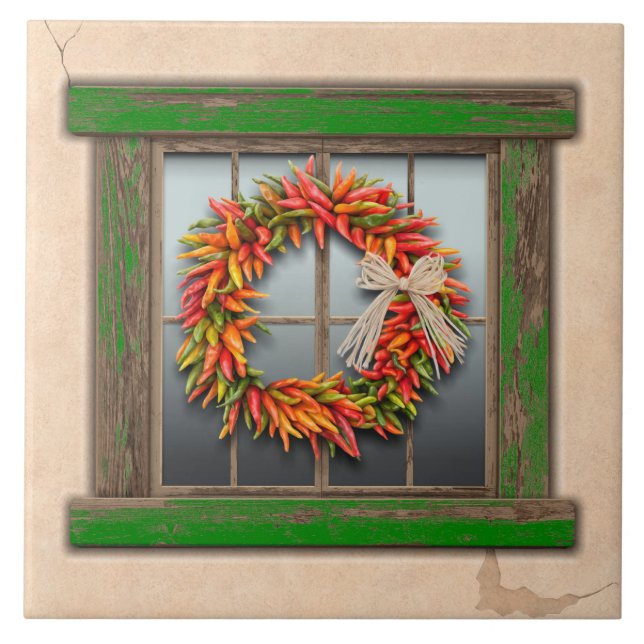 Southwest Chile Wreath on Rustic Green Wood Window Tile (Front)