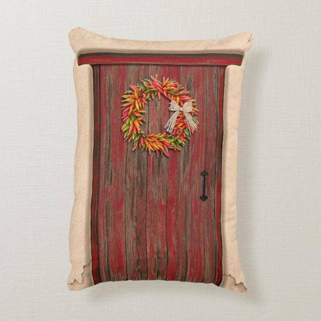 Southwest Chile Wreath on Rustic Red Wood Door Decorative Cushion (Back(Vertical))