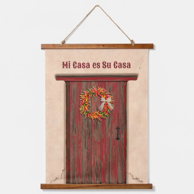 Southwest Chile Wreath on Rustic Red Wood Door Hanging Tapestry (Front)