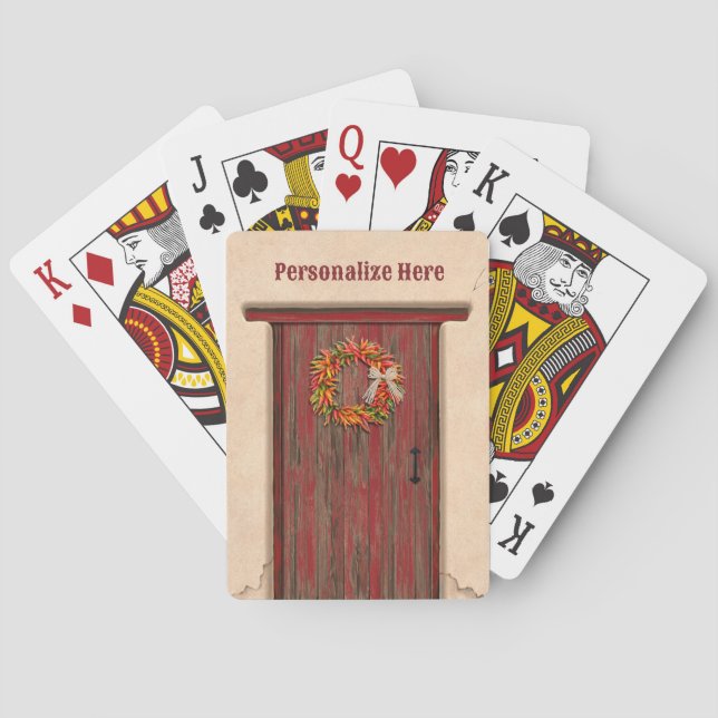 Southwest Chile Wreath on Rustic Red Wood Door Playing Cards (Back)