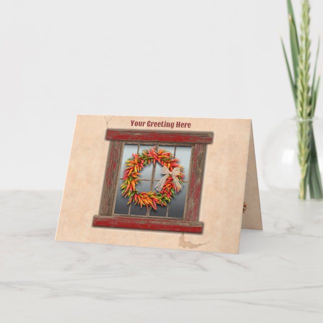 Southwest Chile Wreath on Rustic Red Wood Window Card (Front)