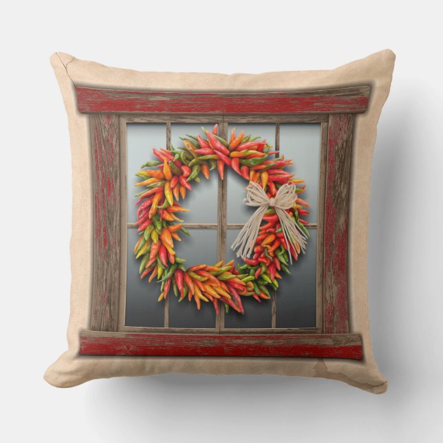 Southwest Chile Wreath on Rustic Red Wood Window Cushion (Front)