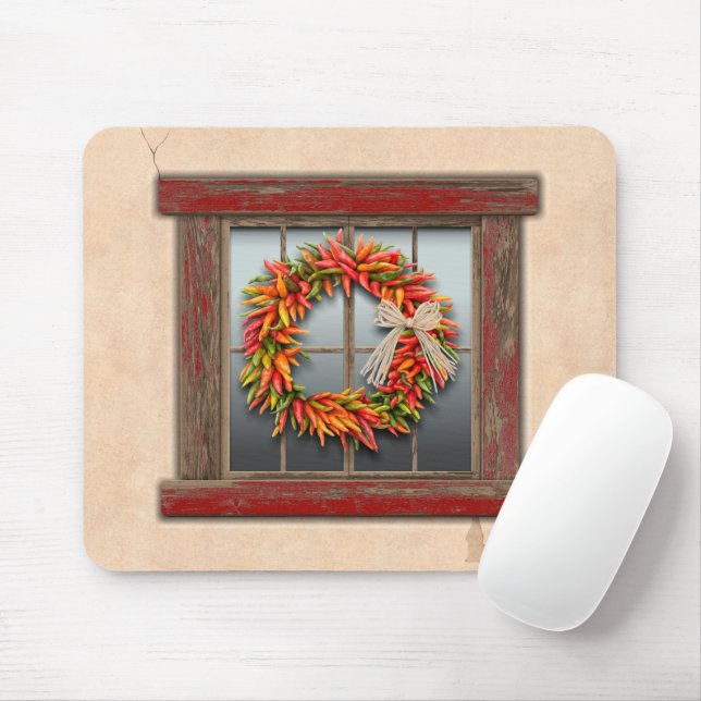 Southwest Chile Wreath on Rustic Red Wood Window Mouse Mat (With Mouse)