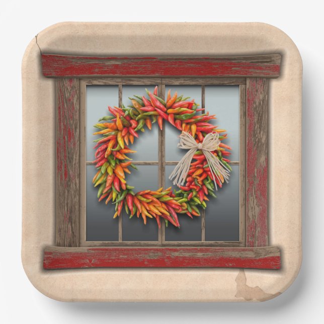 Southwest Chile Wreath on Rustic Red Wood Window Paper Plate (Front)