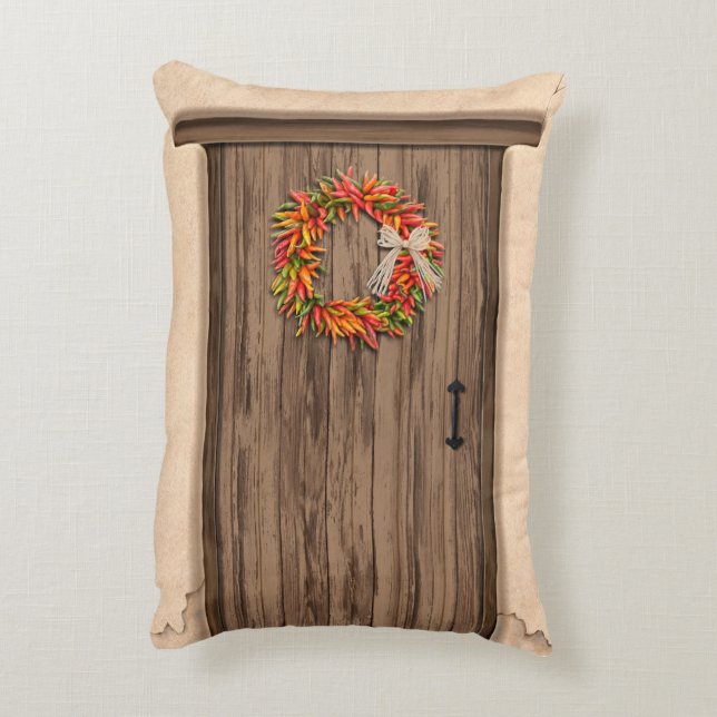 Southwest Chile Wreath on Rustic Wood Door Decorative Cushion (Back(Vertical))