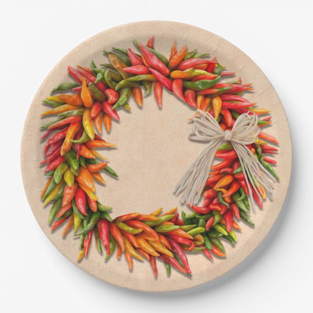 Southwest Chile Wreath on Rustic Wood Window Paper Plate (Front)